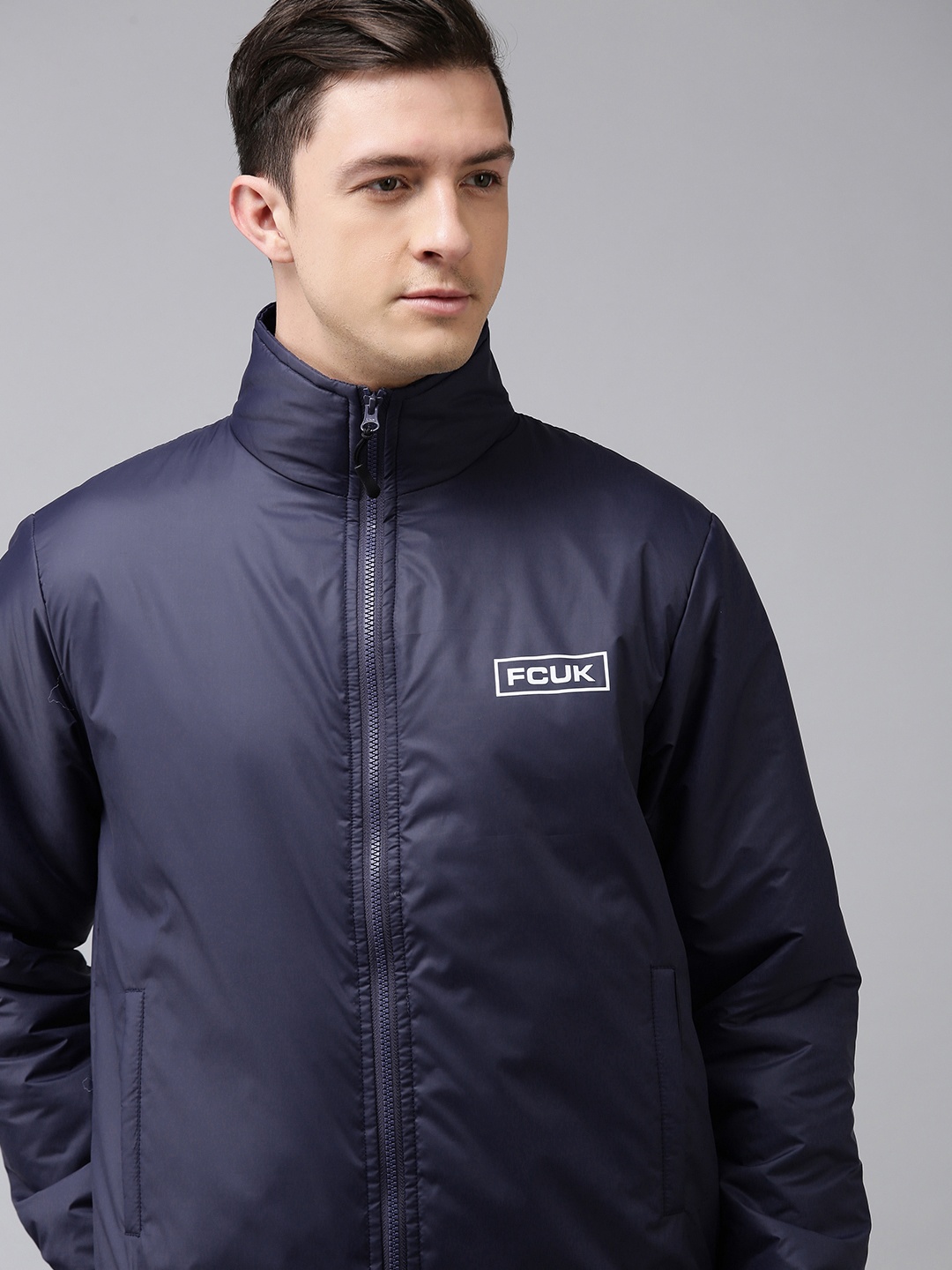 

French Connection Men Navy Blue Solid Bomber Jacket