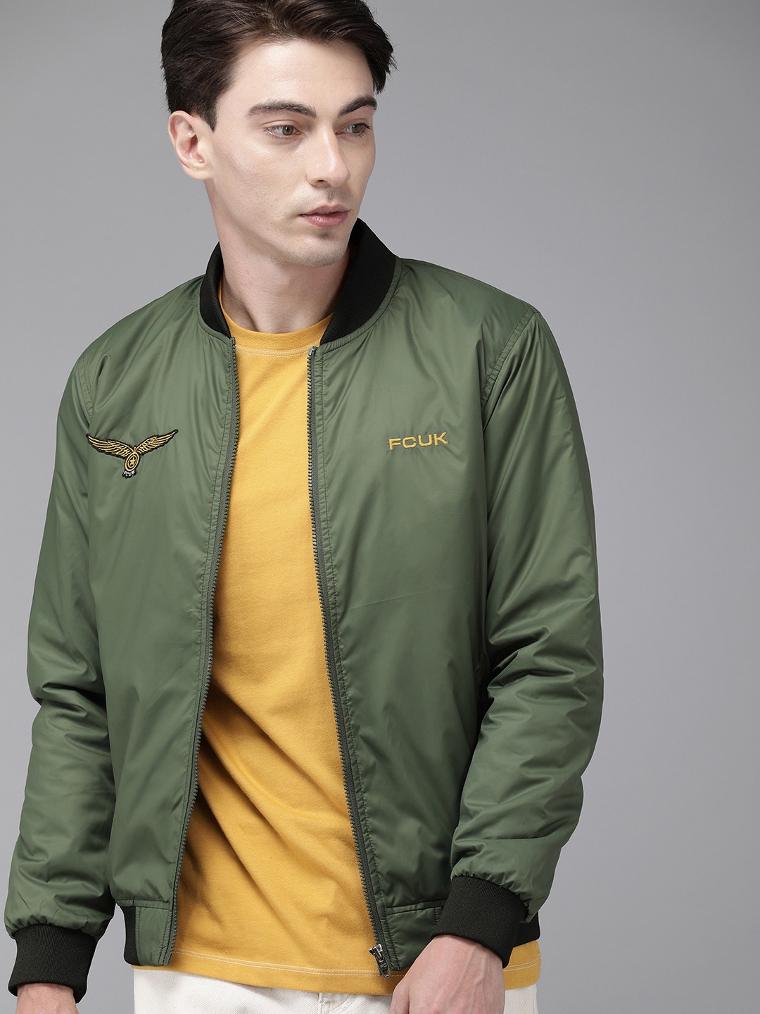 

French Connection Men Olive Green Brand Logo Embroidered Bomber Jacket