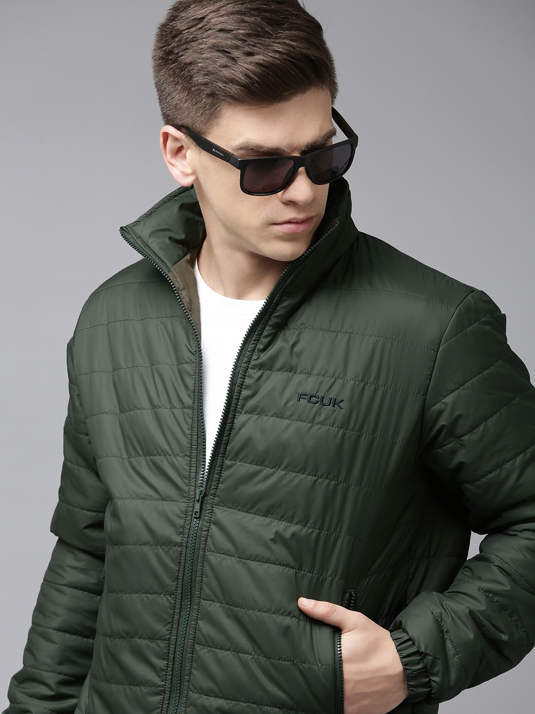 

French Connection Men Olive Green Solid Puffer Jacket