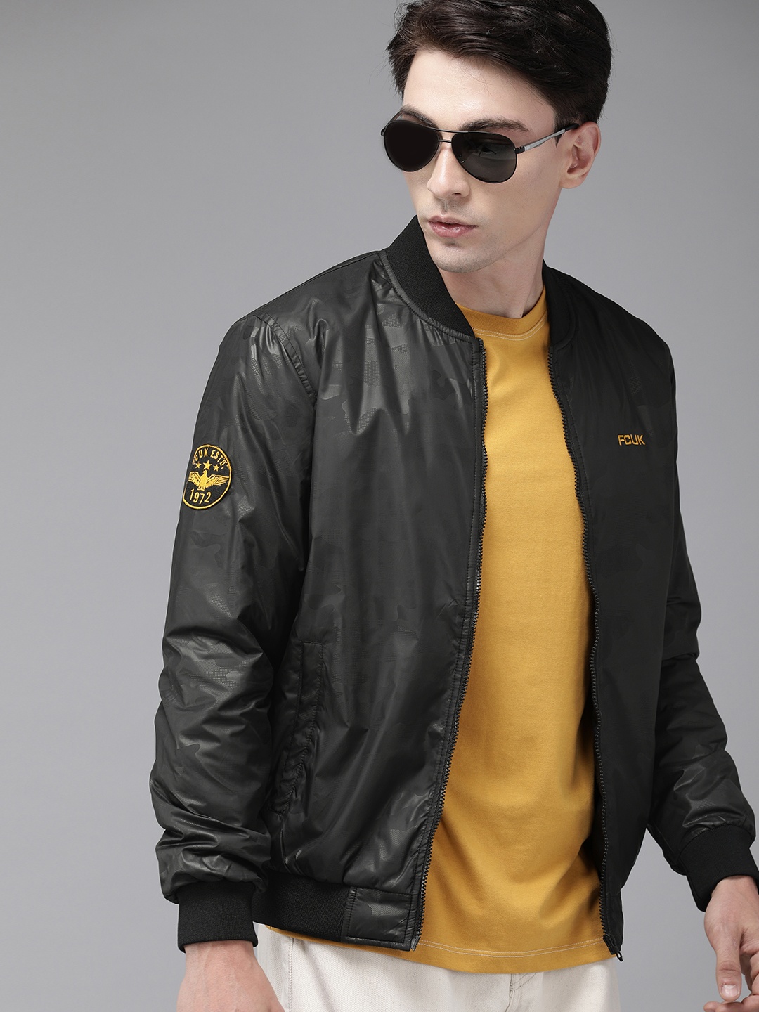 

French Connection Men Black Camouflage Printed Bomber Jacket