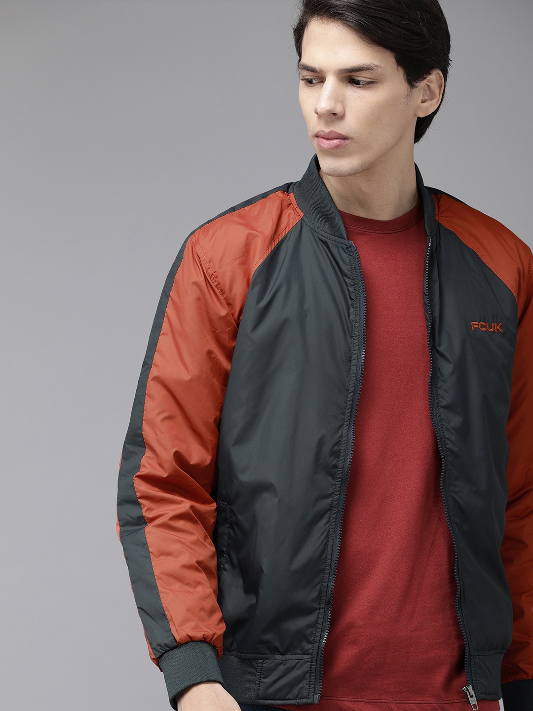 

French Connection Men Navy Blue& Orange Colourblocked Bomber Jacket
