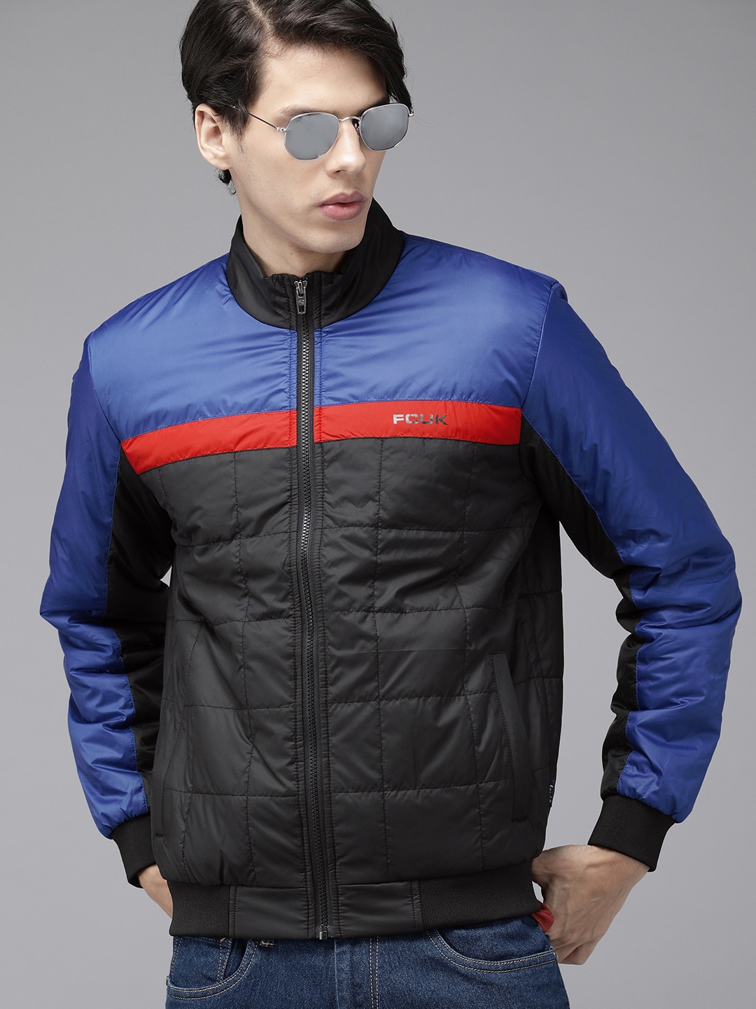 

French Connection Men Black & Blue Colourblocked Bomber Jacket