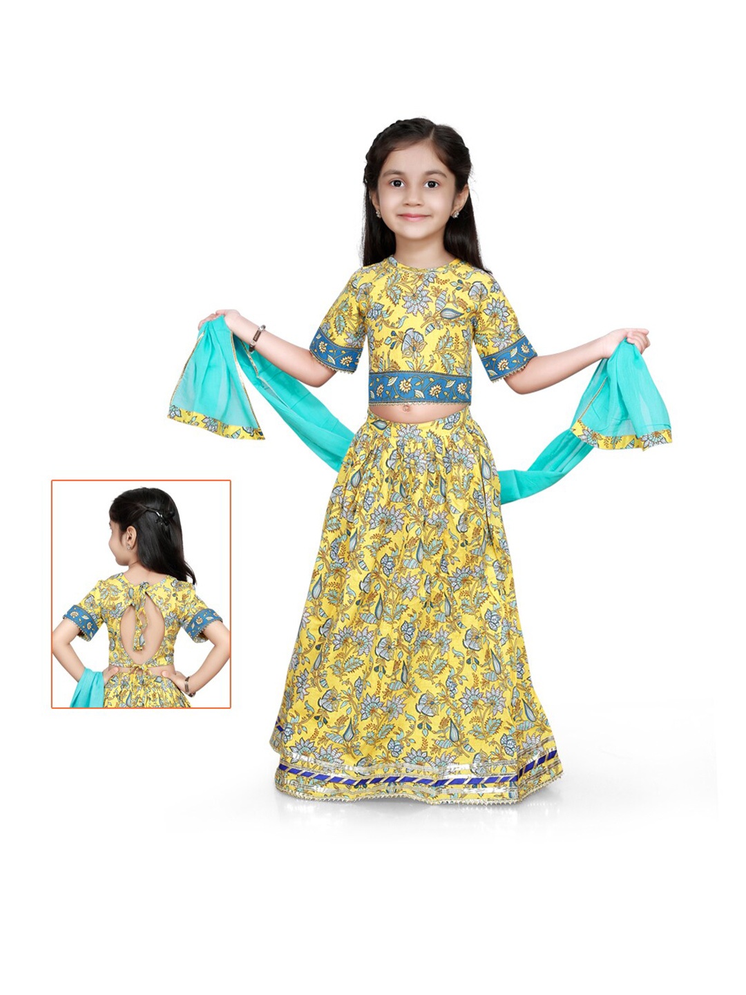 

LIL PITAARA Girls Yellow & Blue Printed Ready to Wear Lehenga & Blouse With Dupatta
