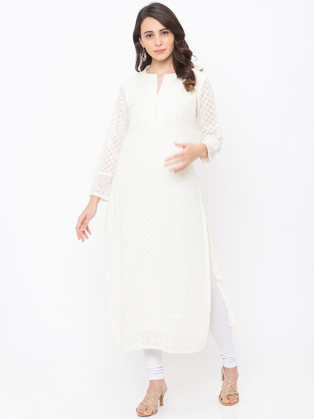 

ZOLA Women Yellow Ethnic Motifs Embroidered Chikankari Georgette Kurta