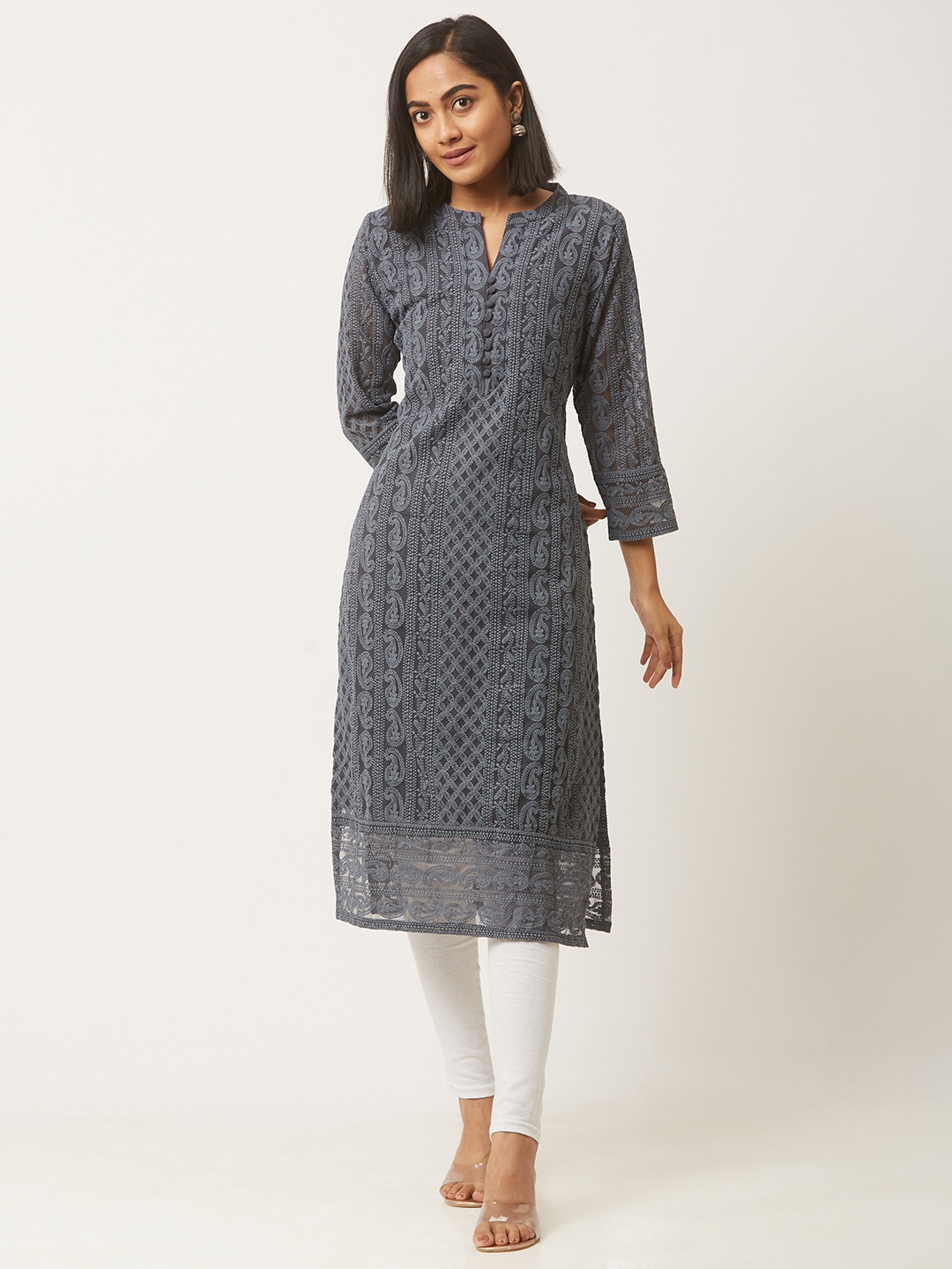 

ZOLA Women Paisley Embroidered Lucknowi Chikankari Georgette Straight Kurta, Grey