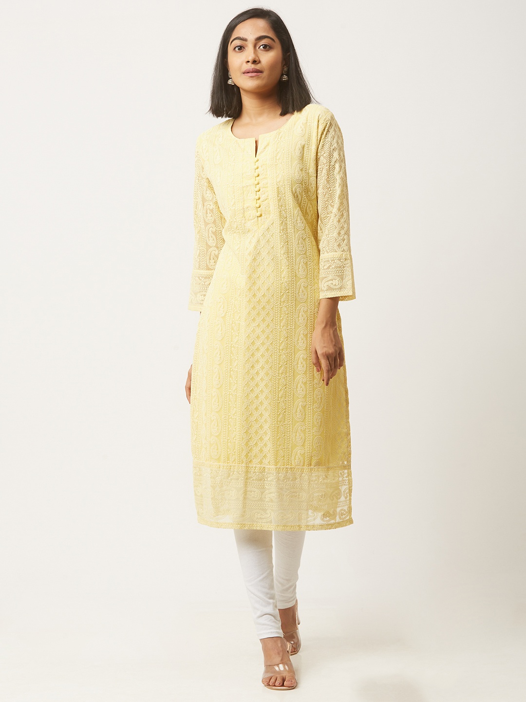 

ZOLA Women Paisley Embroidered Lucknowi Chikankari Georgette Straight Kurta, Yellow