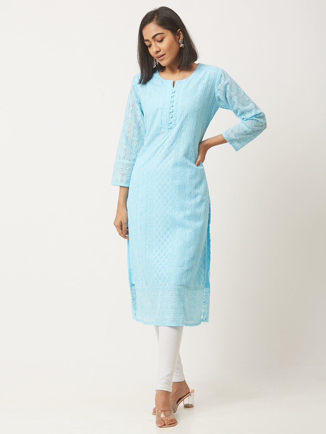 

ZOLA Women Paisley Embroidered Lucknowi Chikankari Georgette Straight Kurta, Turquoise blue