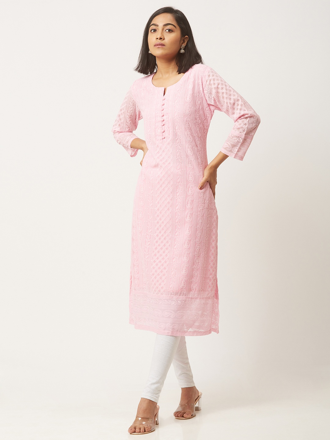 

ZOLA Women Paisley Embroidered Lucknowi Chikankari Georgette Straight Kurta, Pink