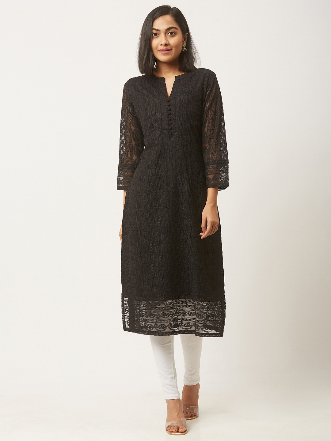 

ZOLA Women Paisley Embroidered Lucknowi Chikankari Georgette Straight Kurta, Black