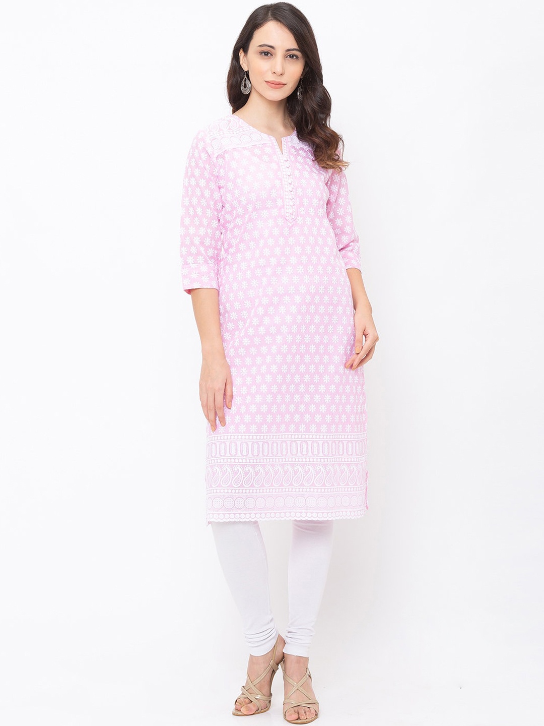 

ZOLA Ethnic Motifs Embroidered Cotton Chikankari Kurta, Pink