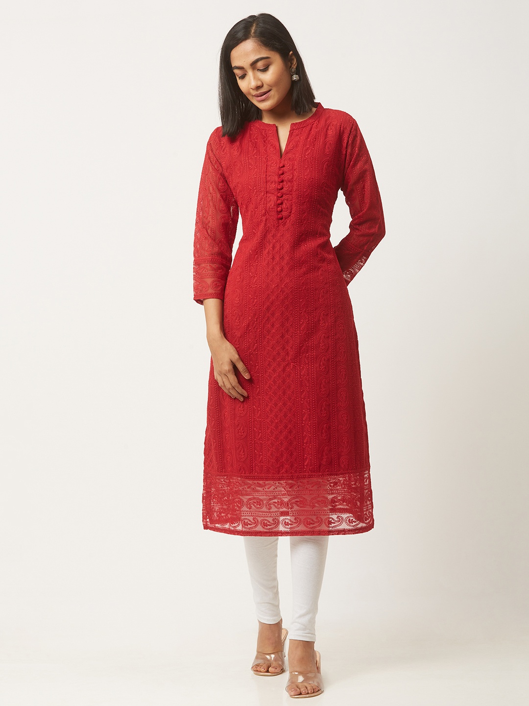 

ZOLA Women Paisley Embroidered Lucknowi Chikankari Georgette Straight Kurta, Maroon