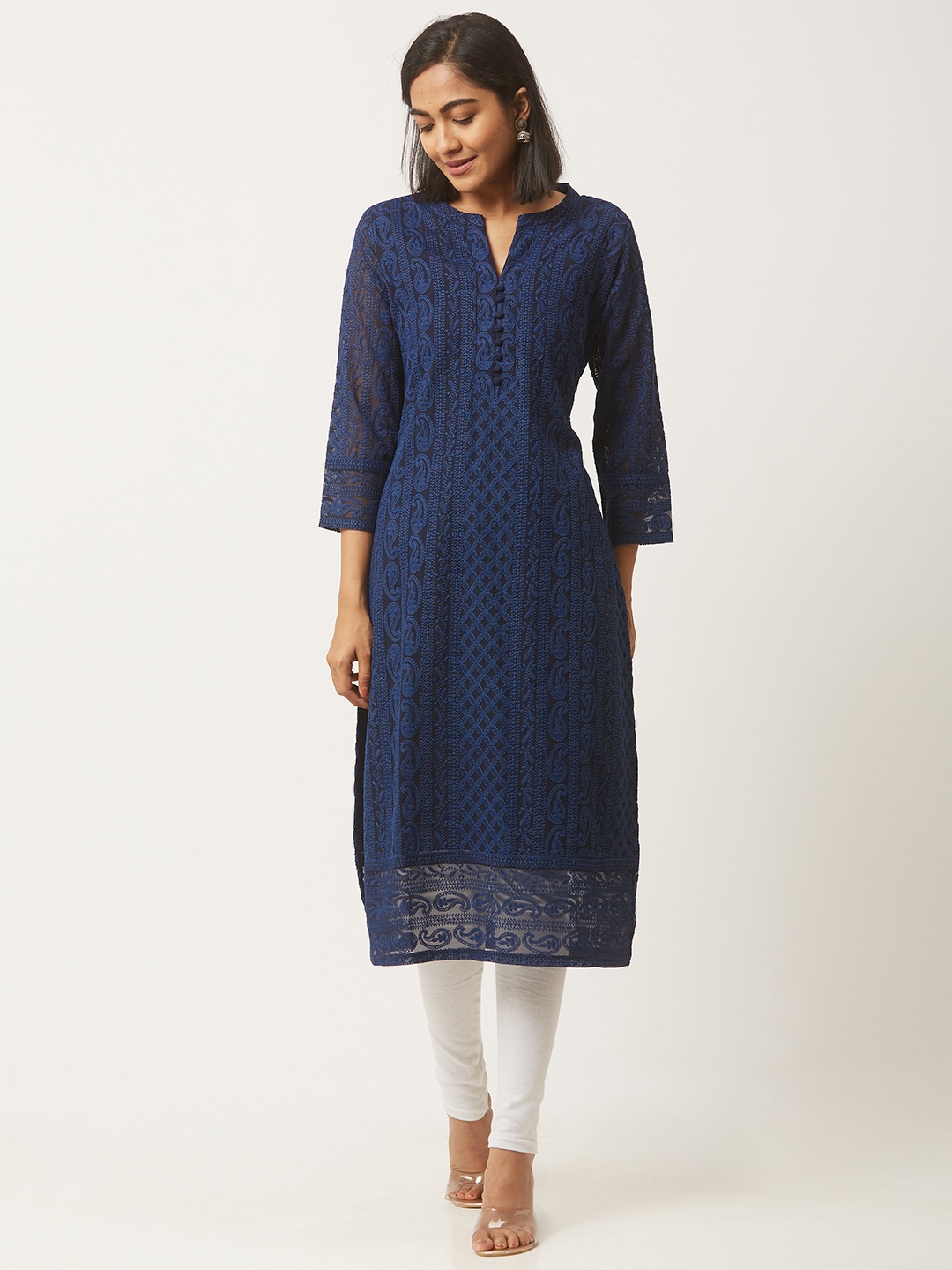 

ZOLA Women Paisley Embroidered Lucknowi Chikankari Georgette Straight Kurta, Navy blue