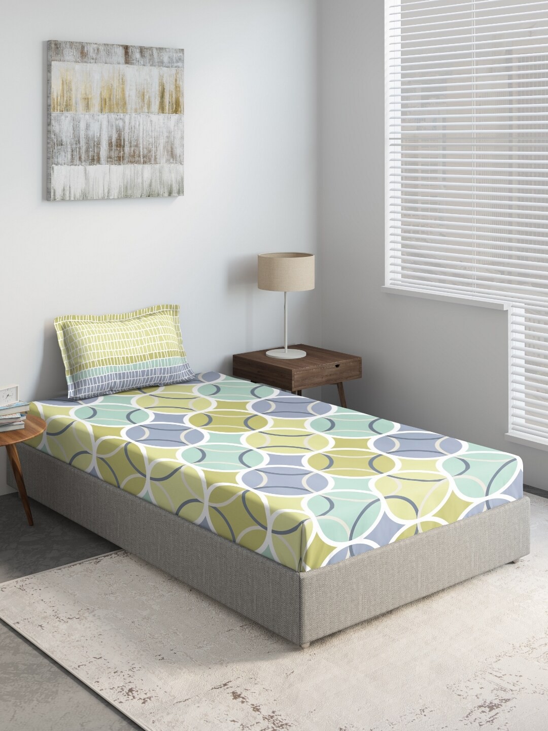 

DDecor Green & Blue Geometric 144 TC Cotton Single Bedsheet with 1 Pillow Covers