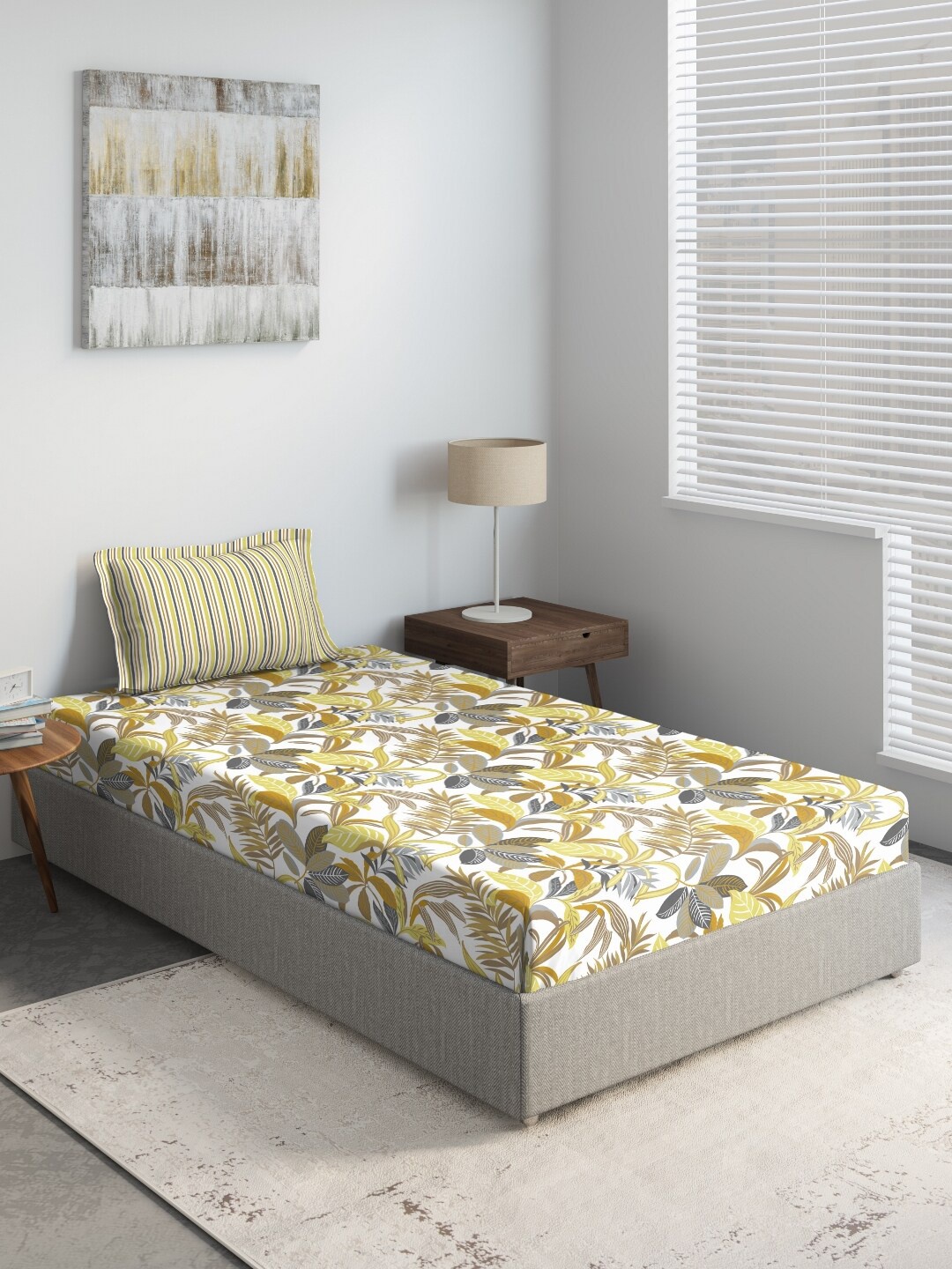 

DDecor White & Mustard Yellow Floral 144 TC Cotton Single Bedsheet with 1 Pillow Covers