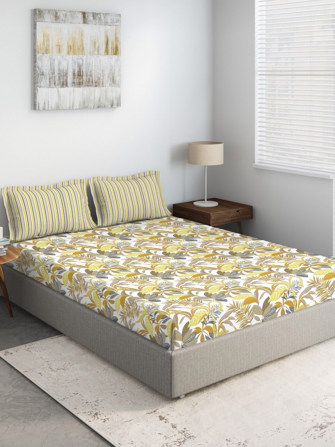 

DDecor White & Mustard Yellow Floral 144 TC Cotton Queen Bedsheet & 2 Pillow Covers