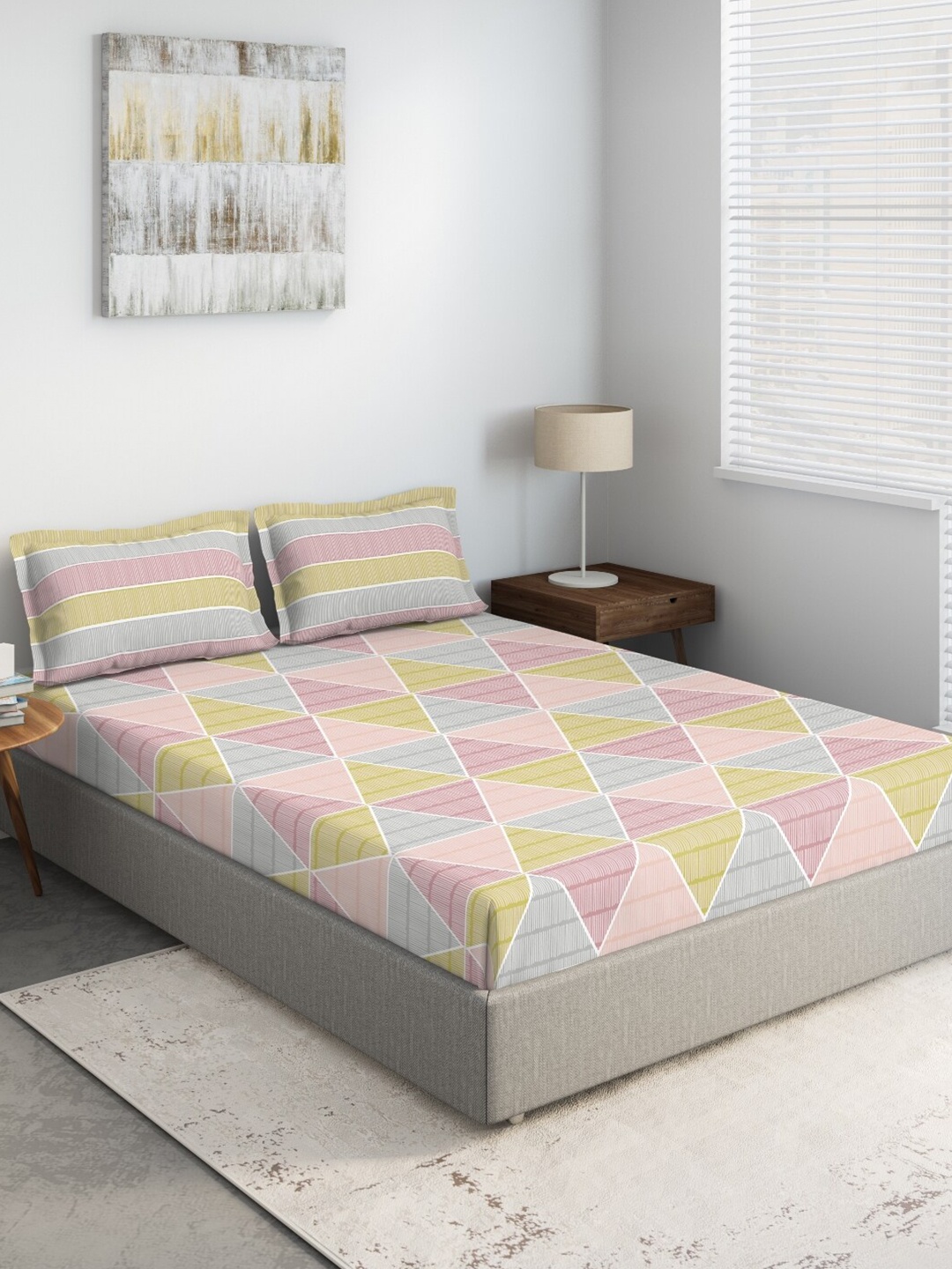

DDecor Peach-Coloured & Grey 144 TC Cotton Fitted King Bedsheet with 2 Pillow Covers