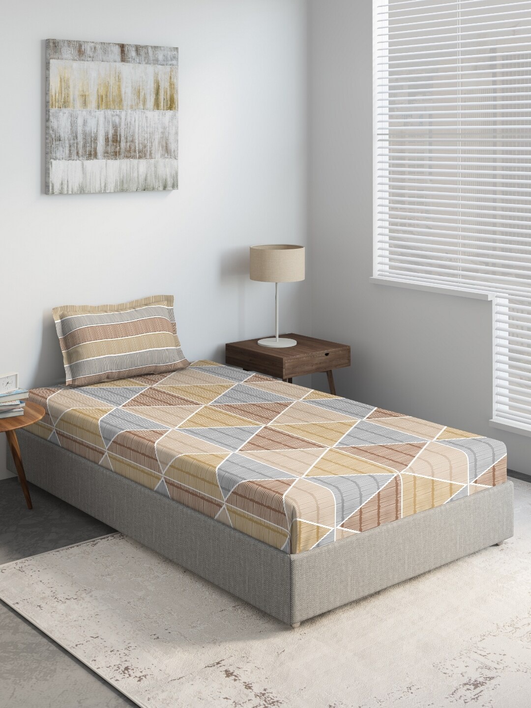 

DDecor Brown & Mustard Geometric 144 TC Cotton Single Bedsheet with 1 Pillow Covers