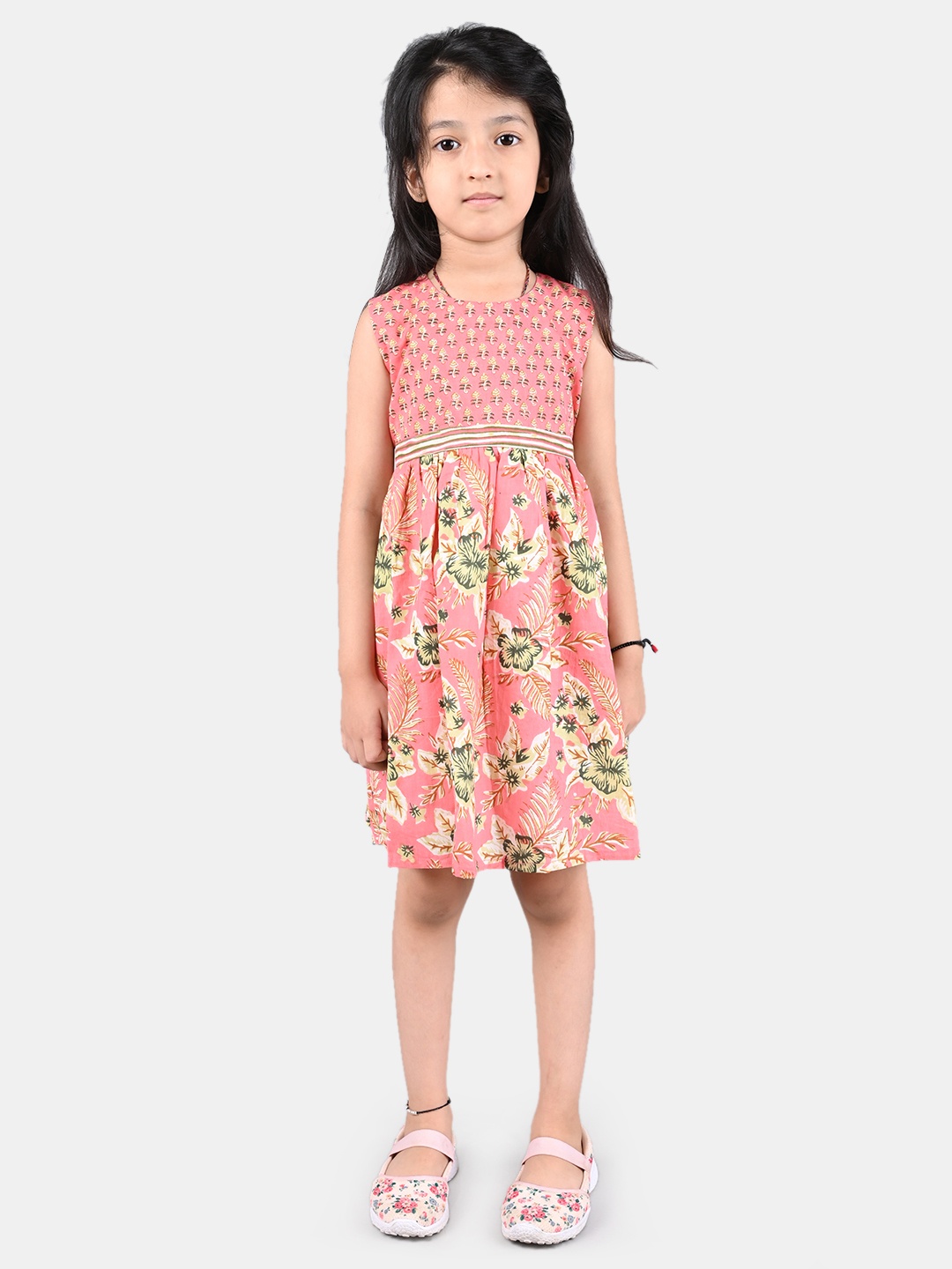 

ESME Pink & Olive Green Pure Cotton Tropical Dress