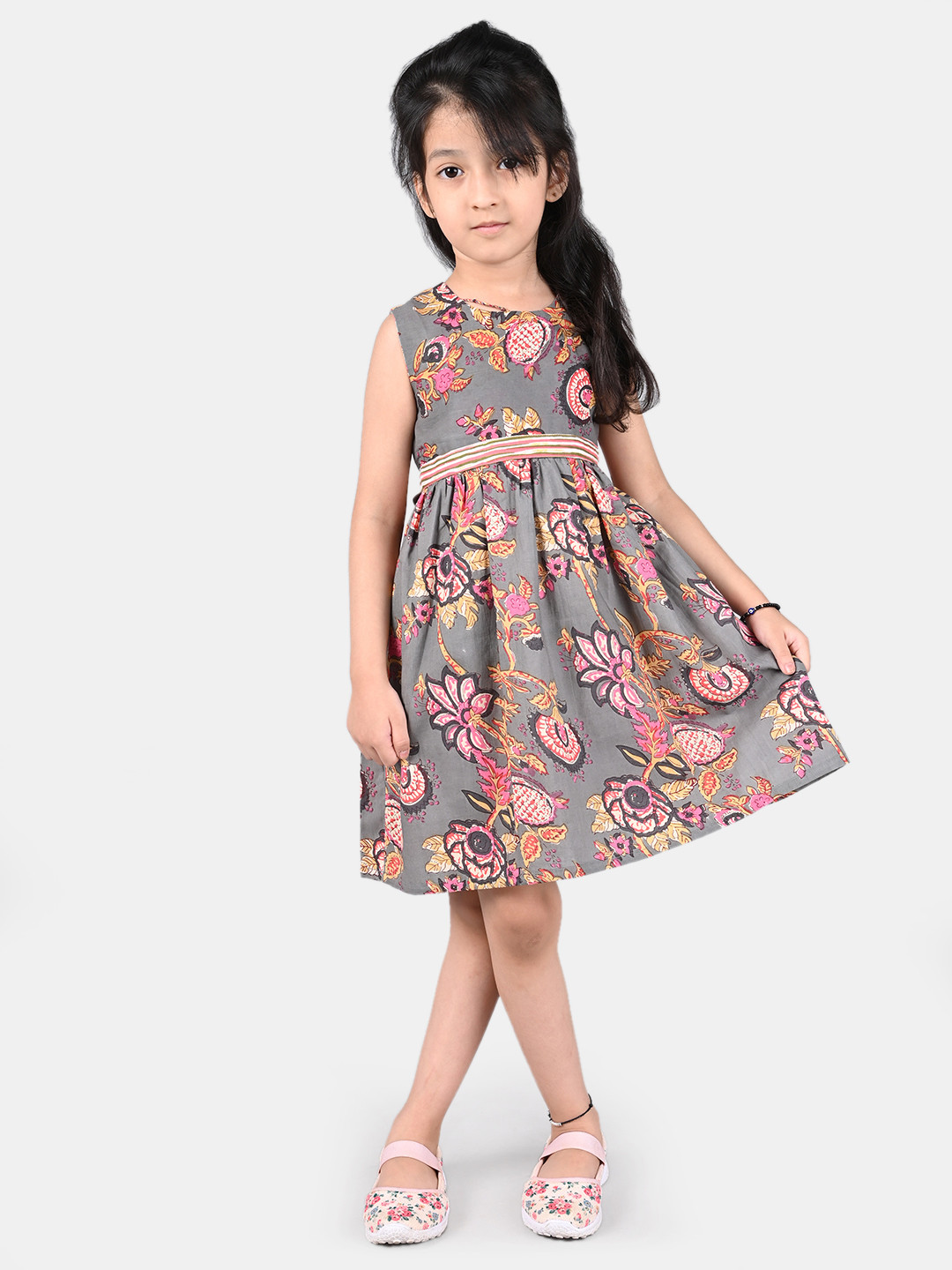 

ESME Grey & Pink Ethnic Motifs Pure Cotton Dress