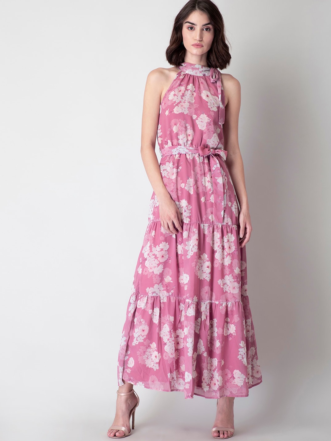 

FabAlley Women Pink & Off White Floral Belted Halter Neck Georgette Maxi Dress