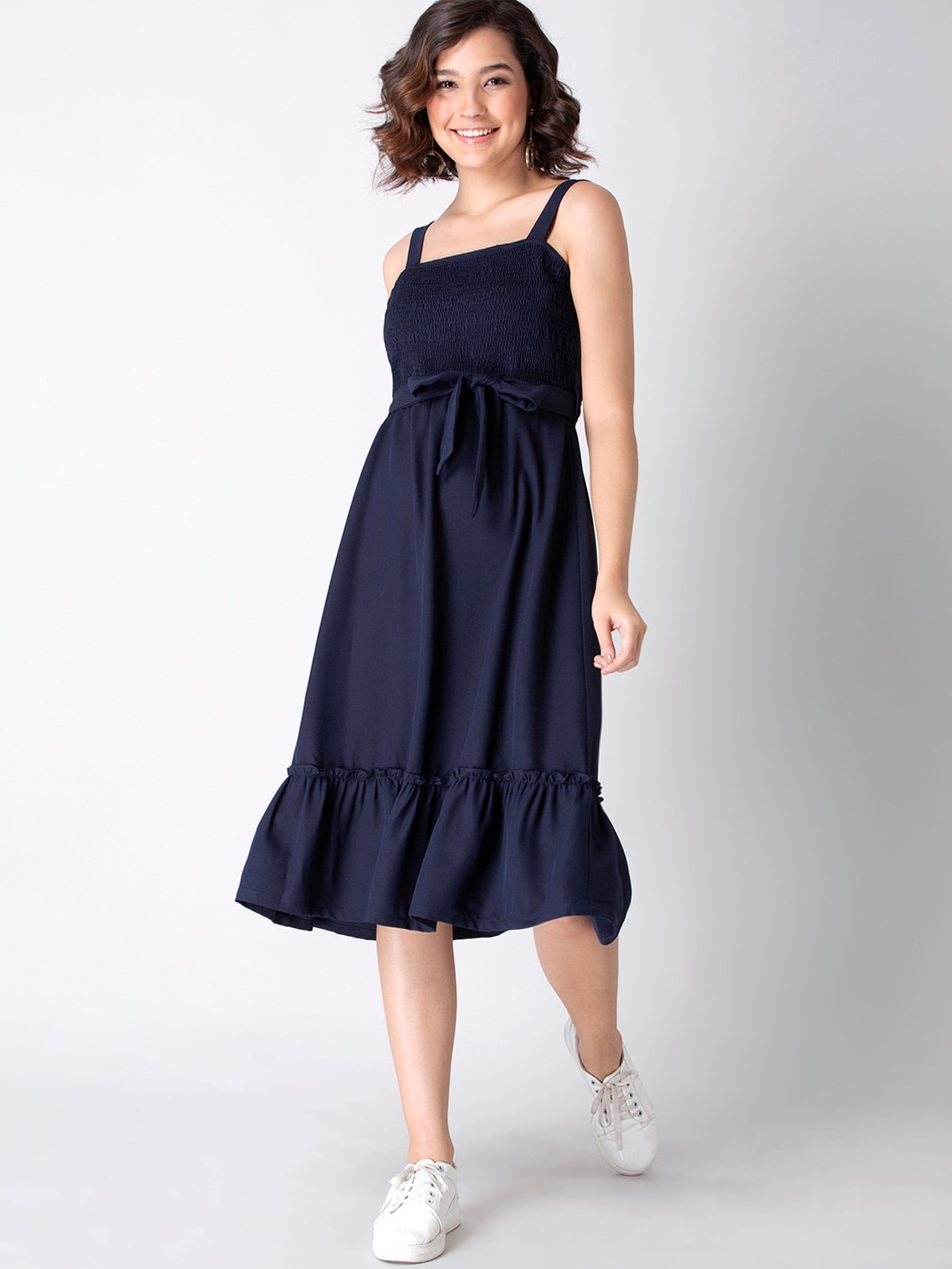 

FabAlley Women Navy Blue Smocked Belted Crepe Midi Dress