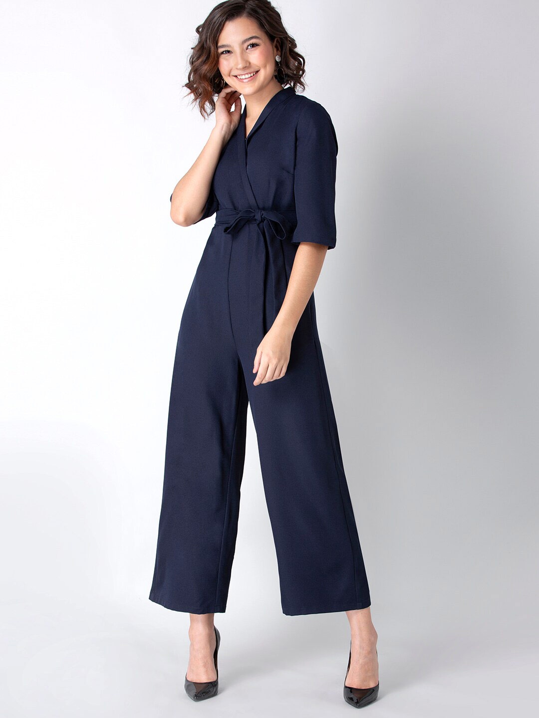 

FabAlley Navy Collared Belted Jumpsuit, Navy blue