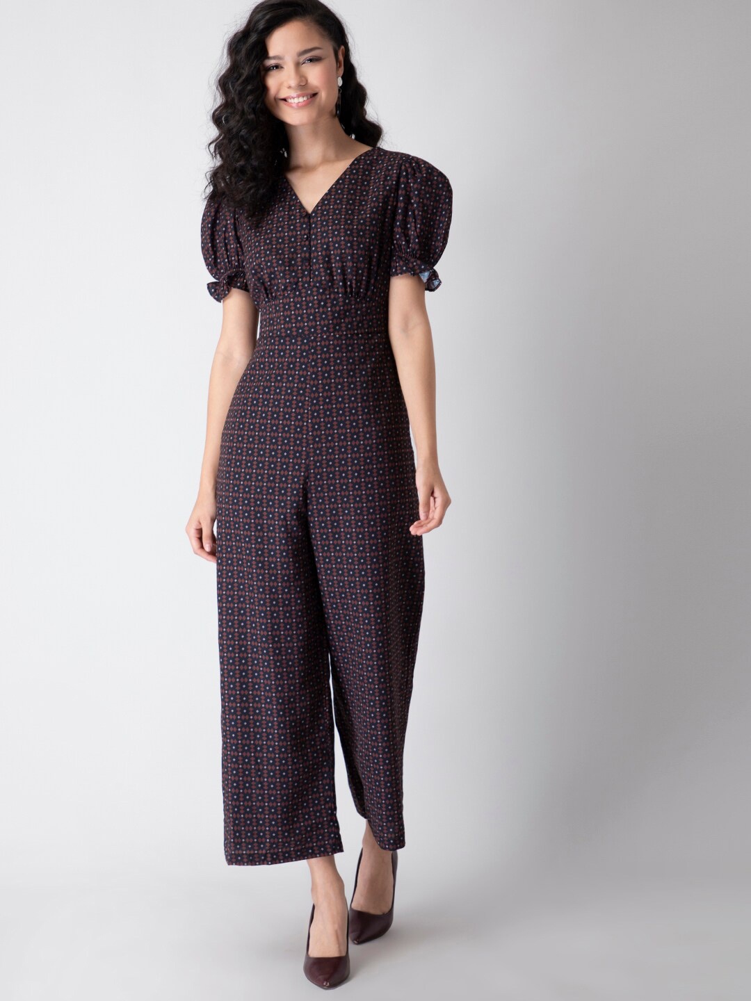 

FabAlley Women Black Geo Buttoned Puff Sleeve Jumpsuit