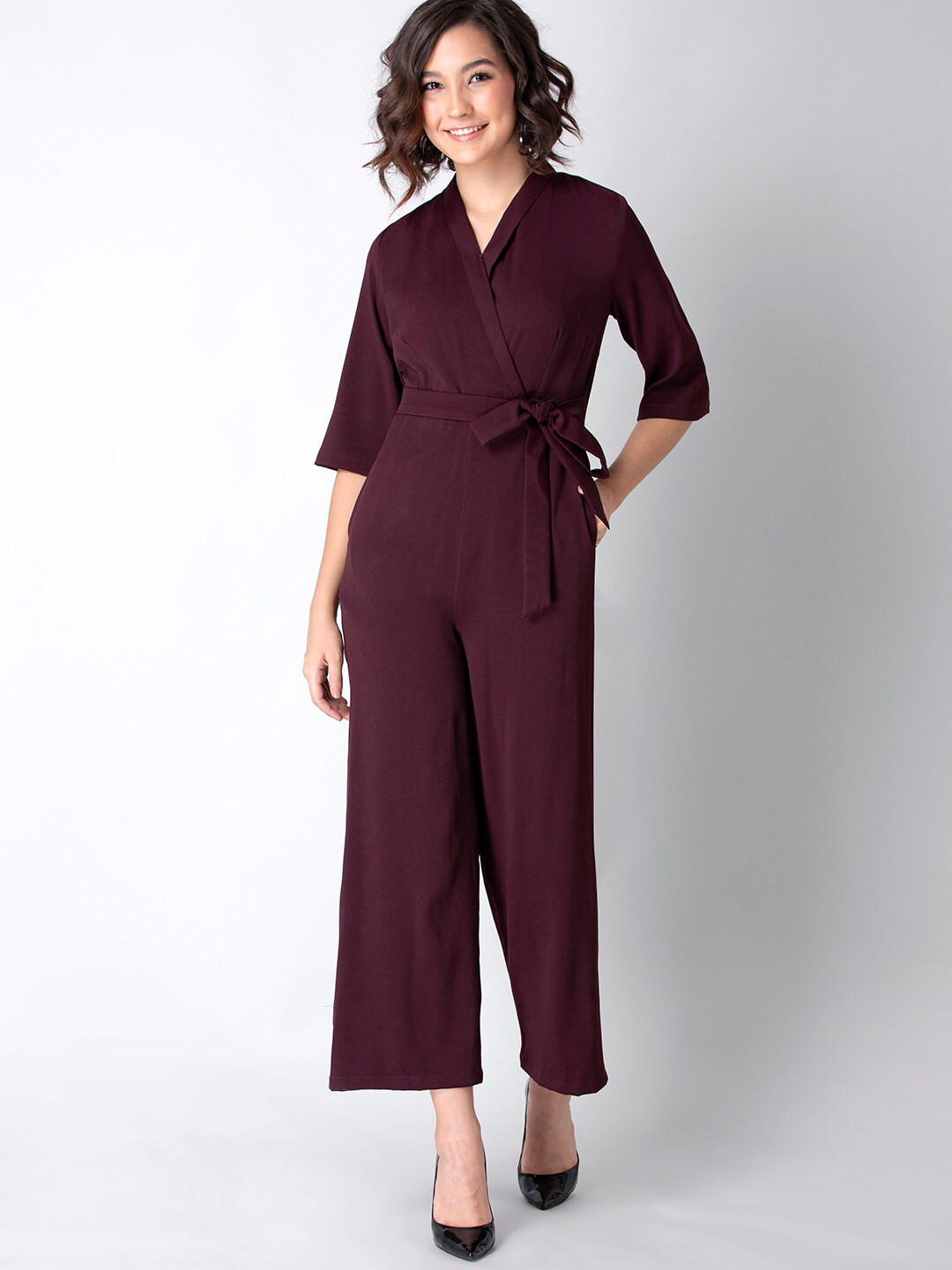 

FabAlley Women Wine Collared Belted Jumpsuit, Burgundy