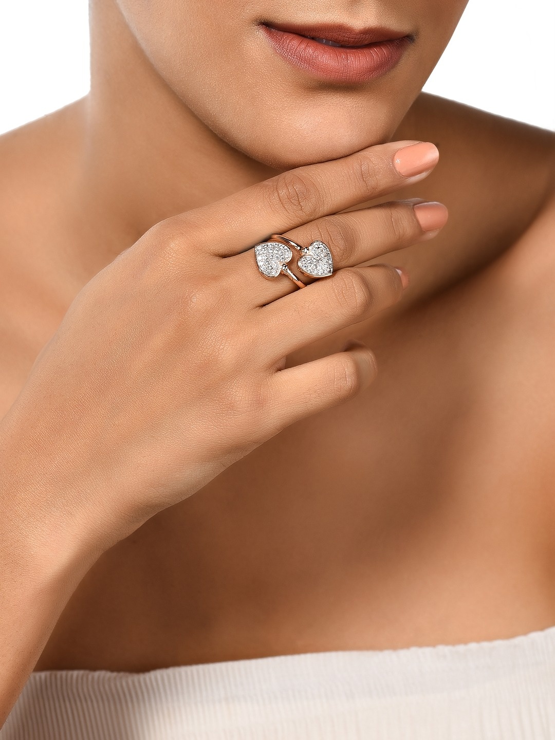 

Zaveri Pearls Rose Gold-Plated White CZ-Studded Hearts Contemporary Finger Ring
