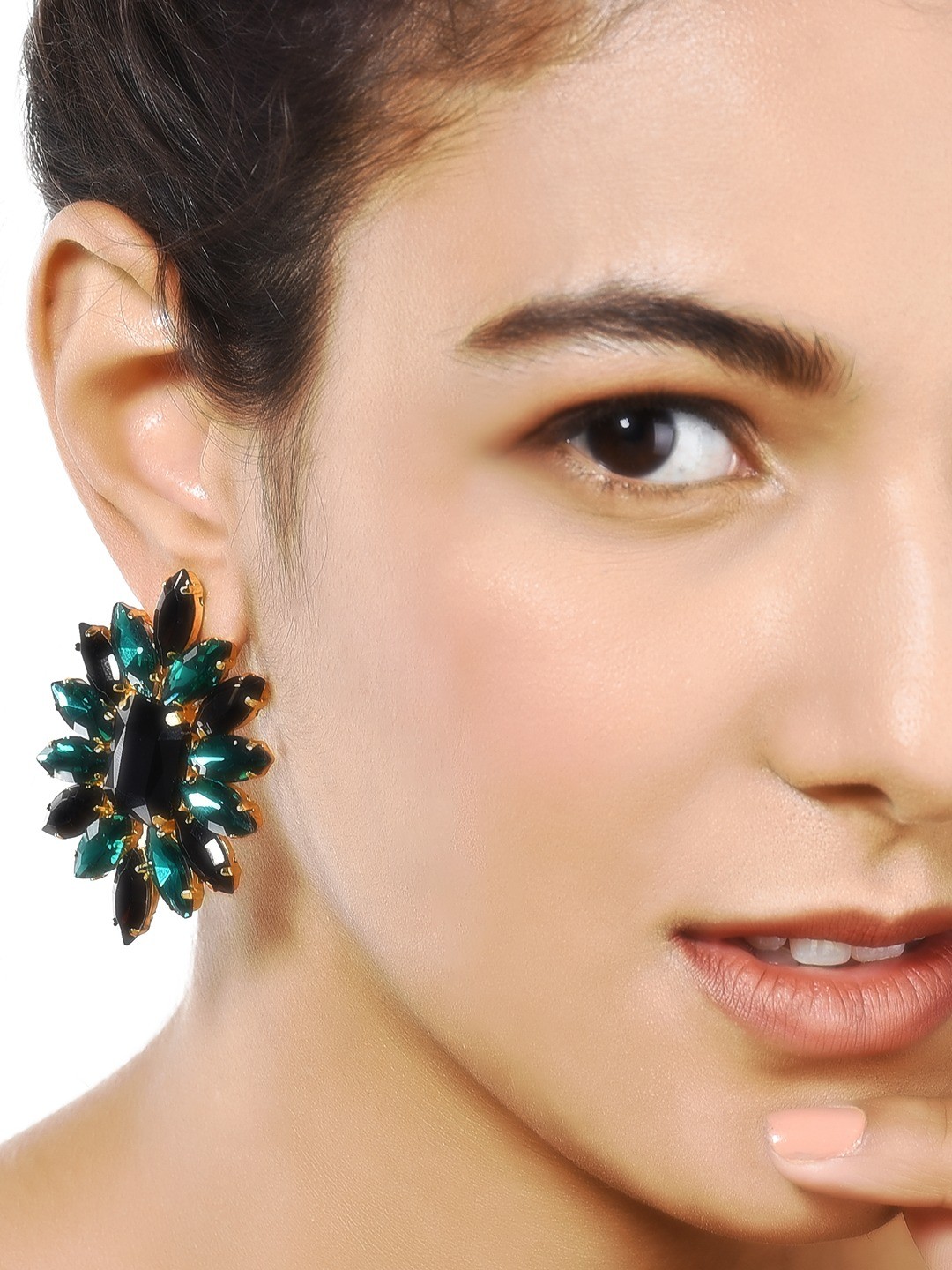 

Zaveri Pearls Green & Black Gold Plated Crystals Contemporary Studs Earrings