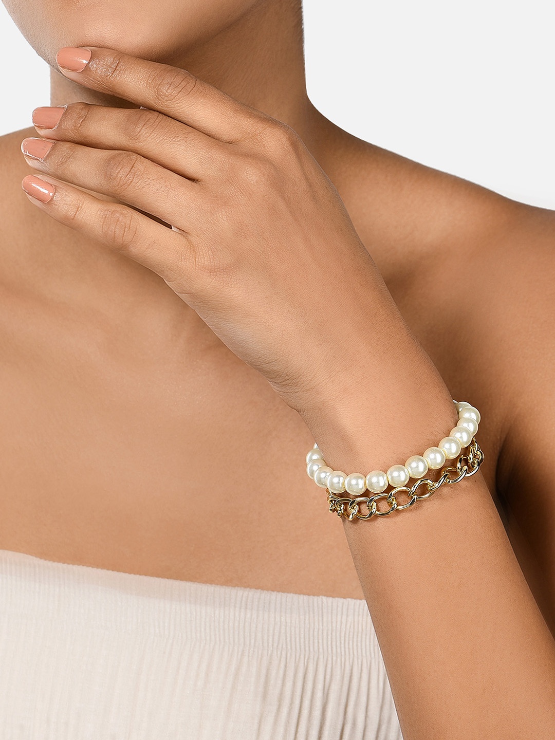 

Zaveri Pearls Women Rose Gold & White Rose Gold-Plated Wraparound Bracelet