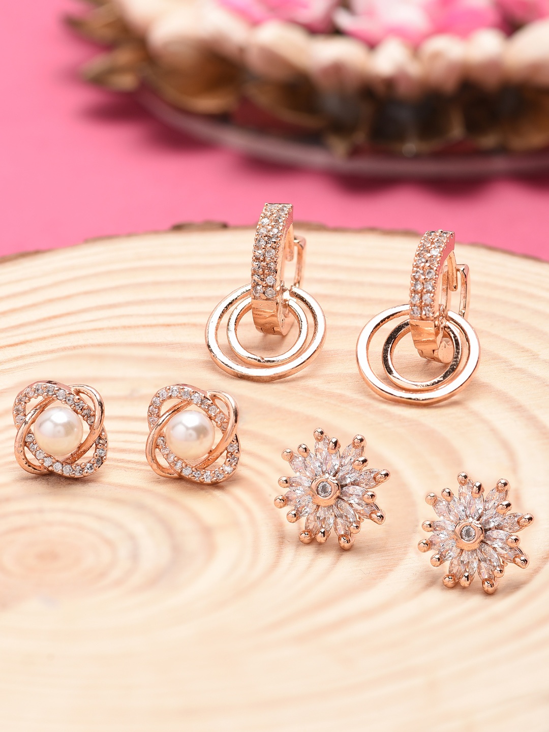 

AMI Rose Gold Toned & Rose Gold Plated Set of 3 Contemporary Studs & Drop Earrings