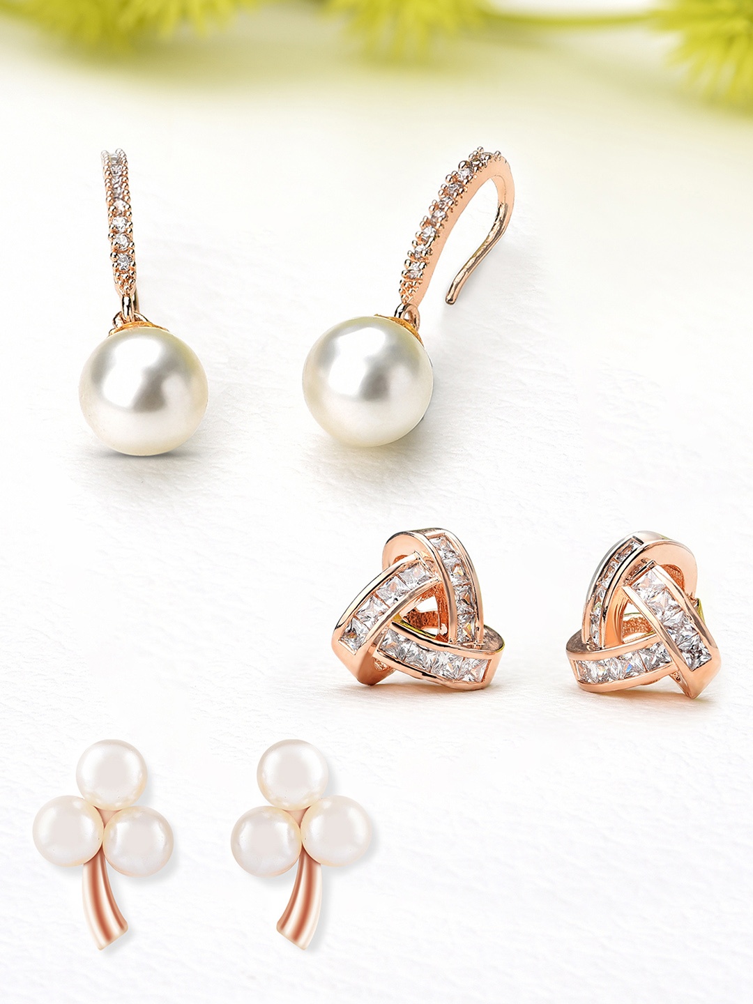 

AMI Rose Gold Toned & Rose Gold Plated Set of 3 Contemporary Studs & Drop Earrings