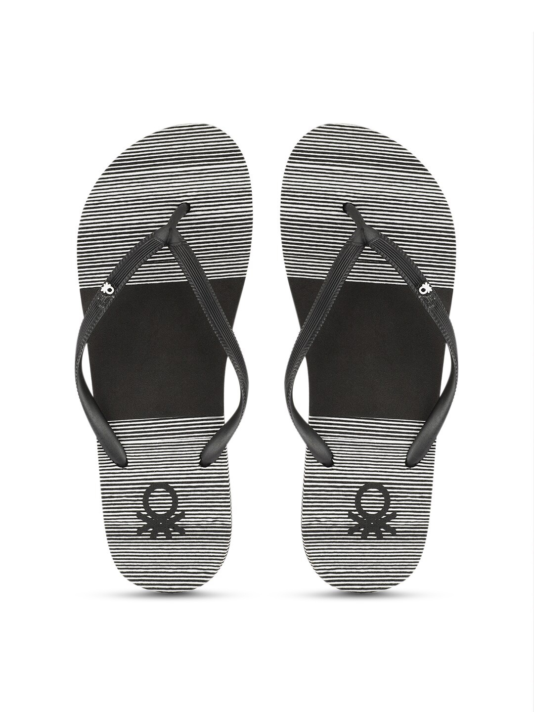 

United Colors of Benetton Women Black & Grey Striped Rubber Thong Flip-Flops