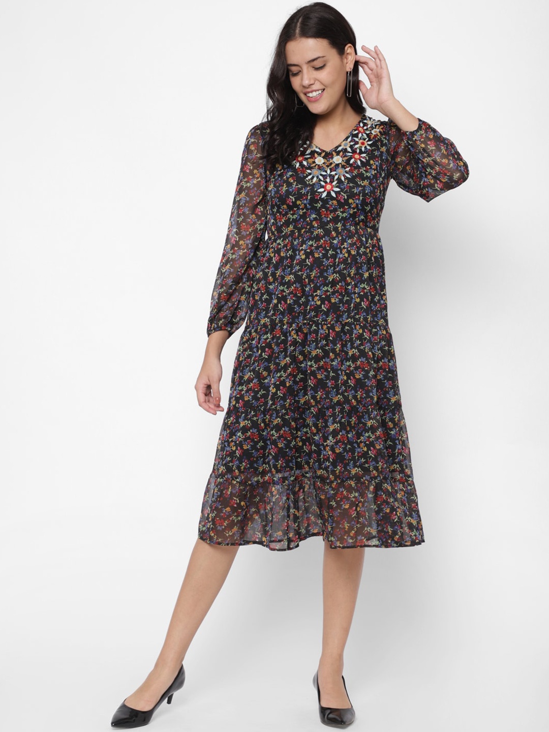 

HOUSE OF KKARMA Women Embroidered Black & Red Floral Georgette Tiered Midi Dress