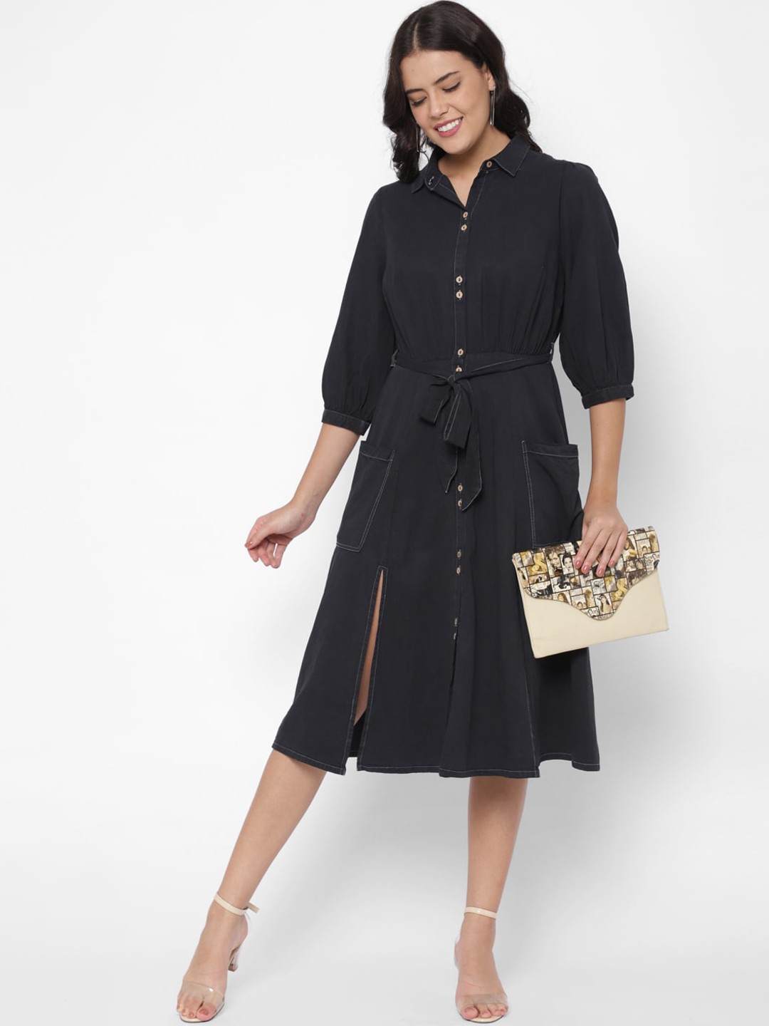 

HOUSE OF KKARMA Women Black Shirt Midi Dress