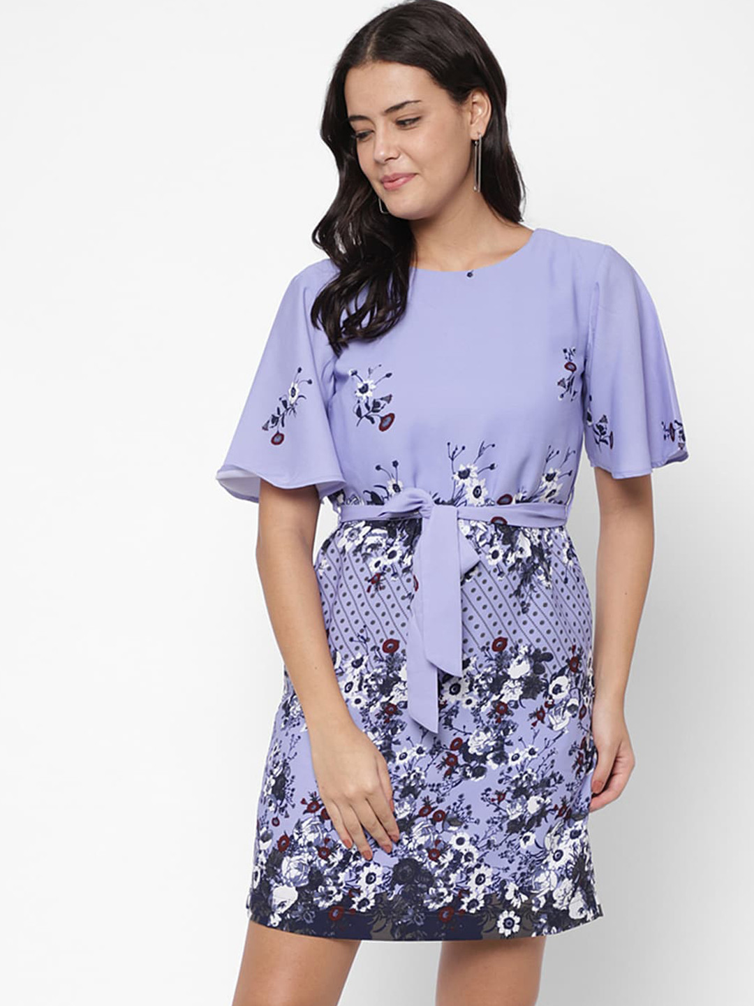 

HOUSE OF KKARMA Women Lavender Floral Printed Georgette A-Line Dress