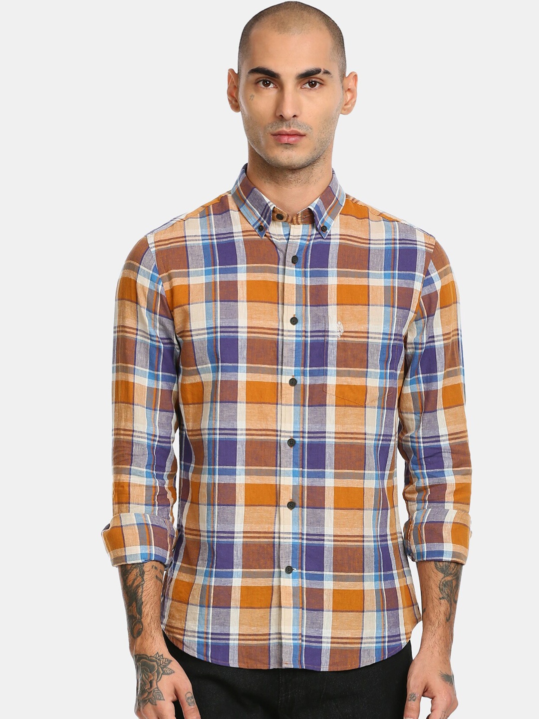 

U S Polo Assn Men Mustard Tartan Checked Casual Shirt