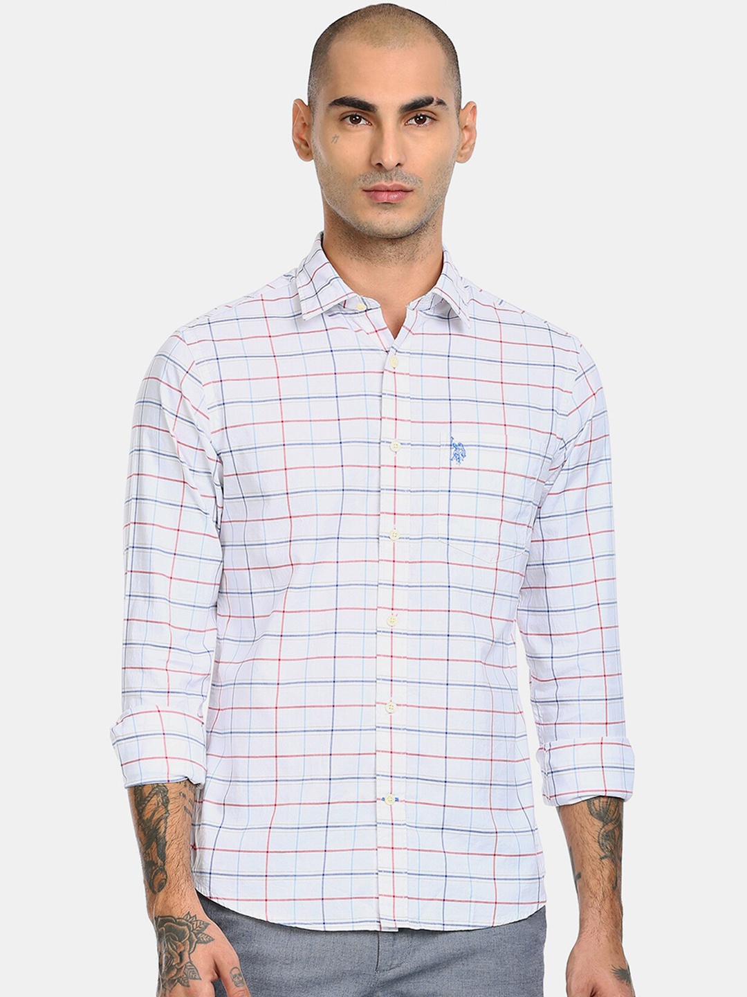 

U S Polo Assn Men White Windowpane Checked Casual Shirt