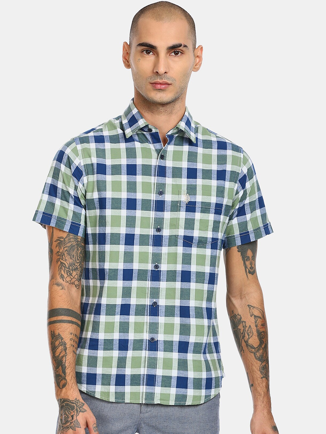 

U S Polo Assn Men Green Checked Casual Shirt