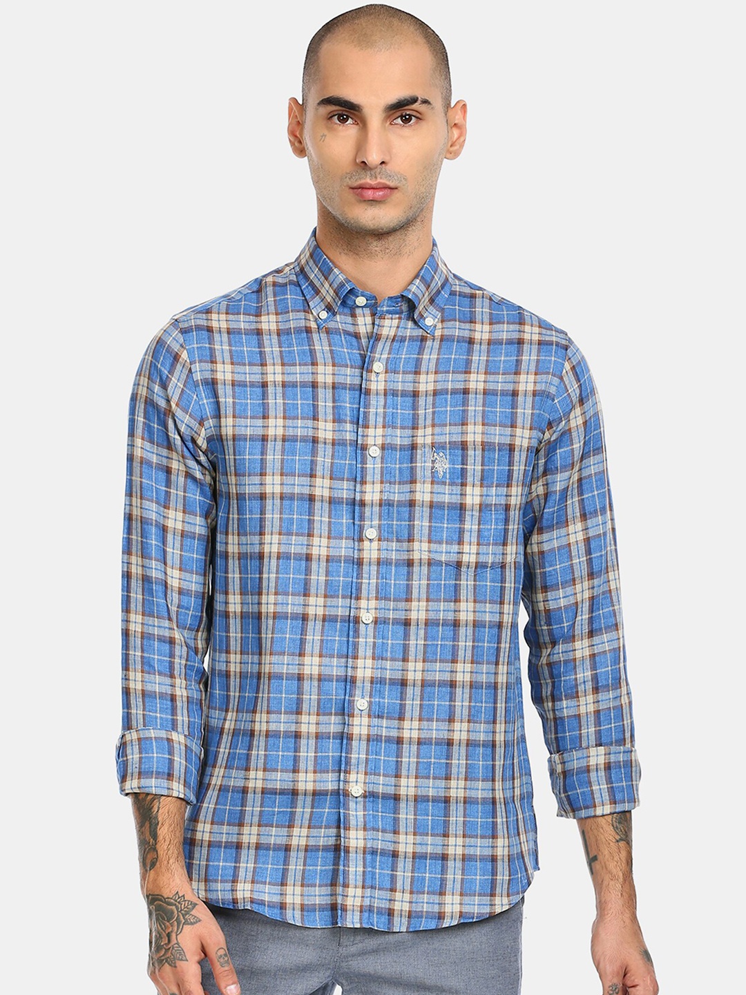 

U S Polo Assn Men Blue Checked Casual Shirt