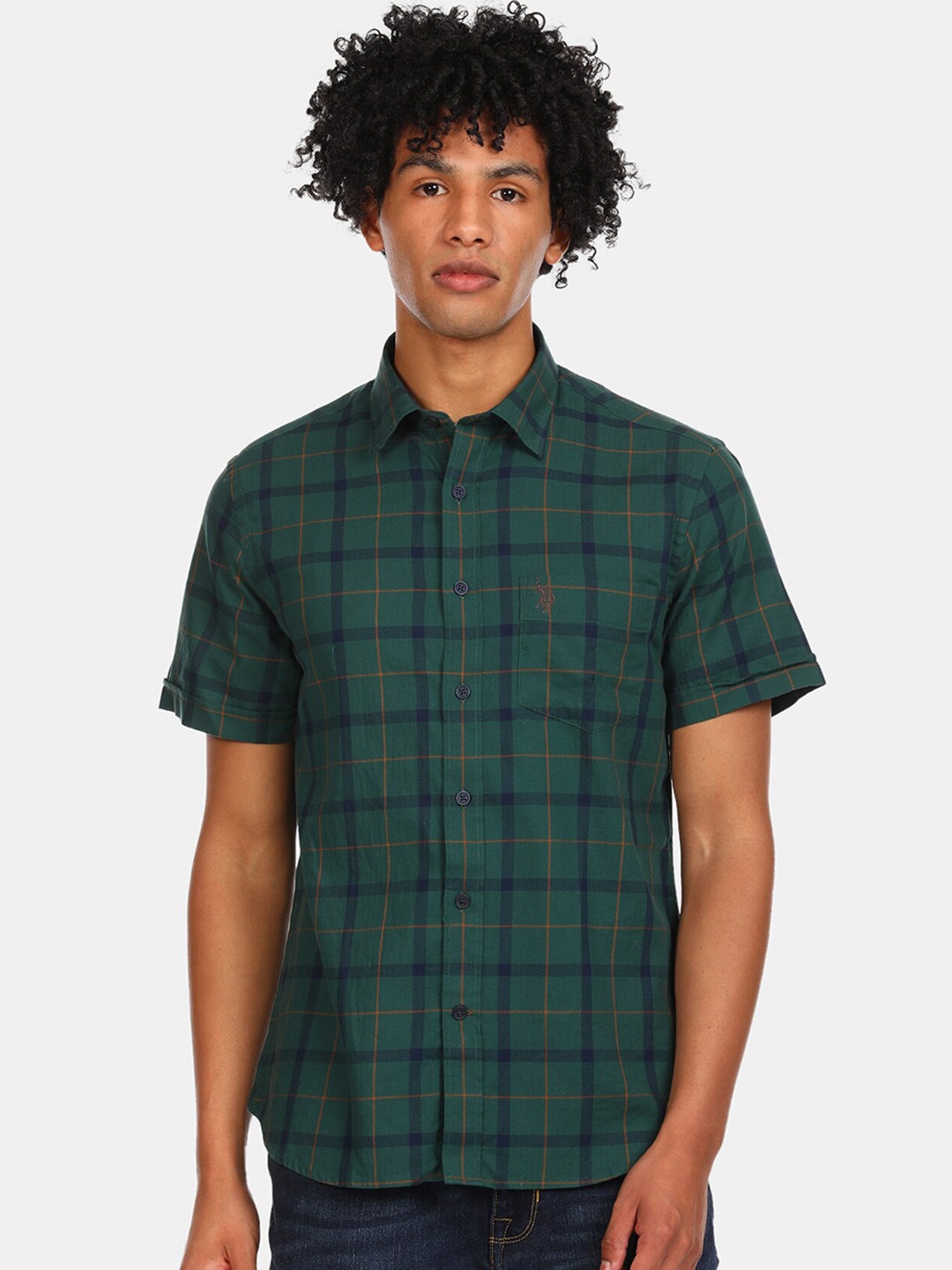 

U S Polo Assn Men Green Checked Casual Shirt