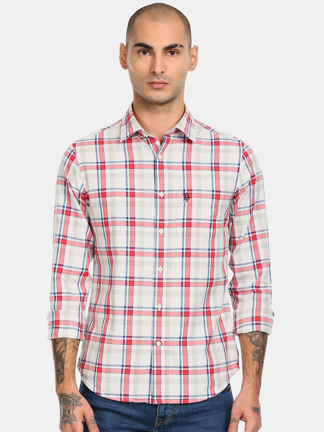 

U S Polo Assn Men White Checked Casual Shirt