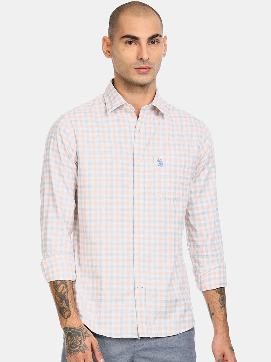 

U S Polo Assn Men White Gingham Checked Casual Shirt