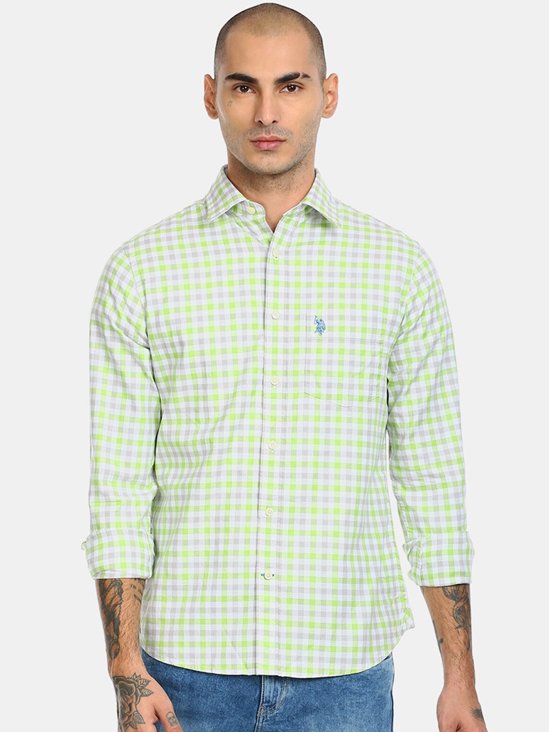 

U S Polo Assn Men Lime Green Checked Casual Shirt