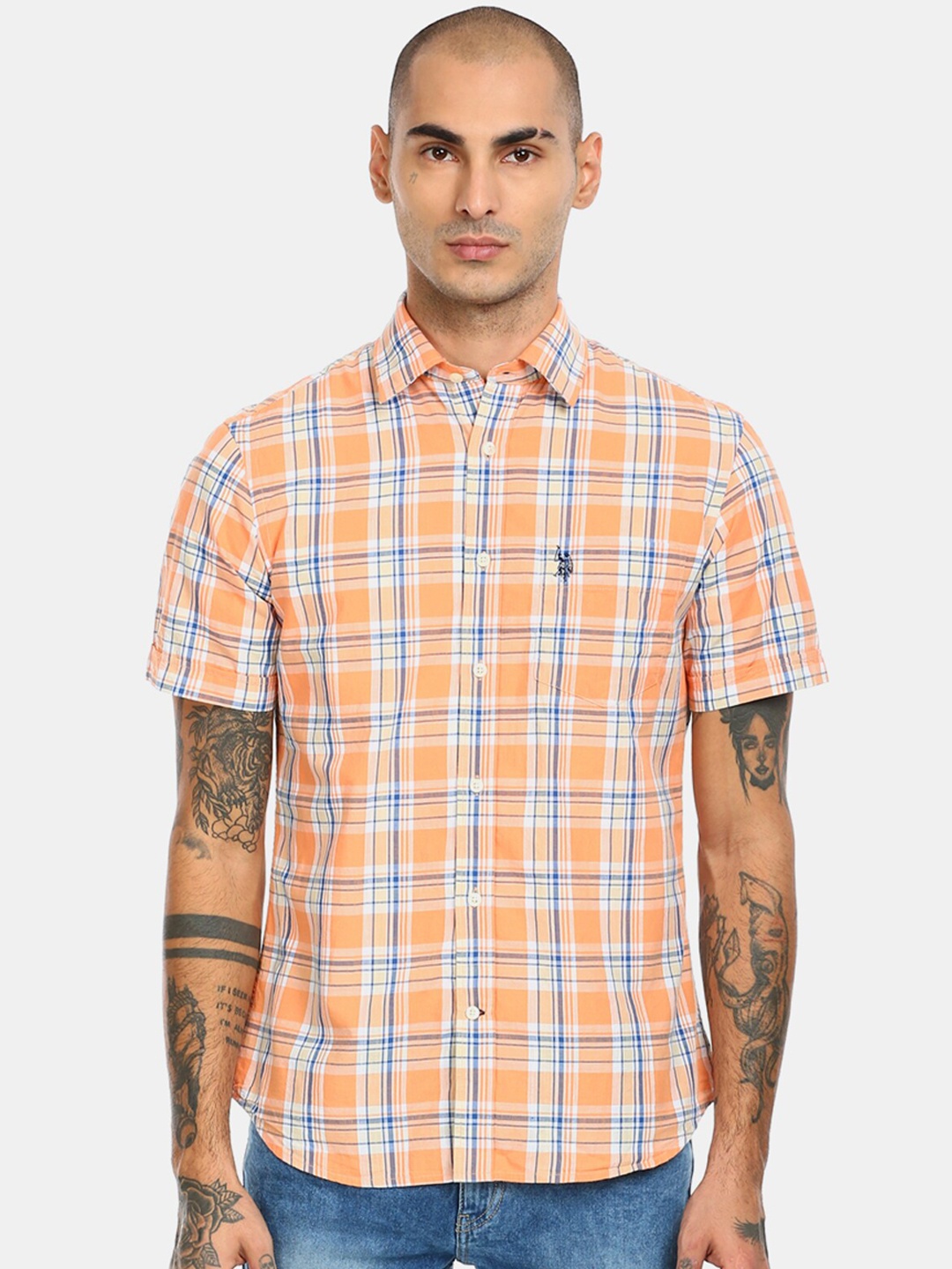 

U S Polo Assn Men Orange Tartan Checked Casual Shirt