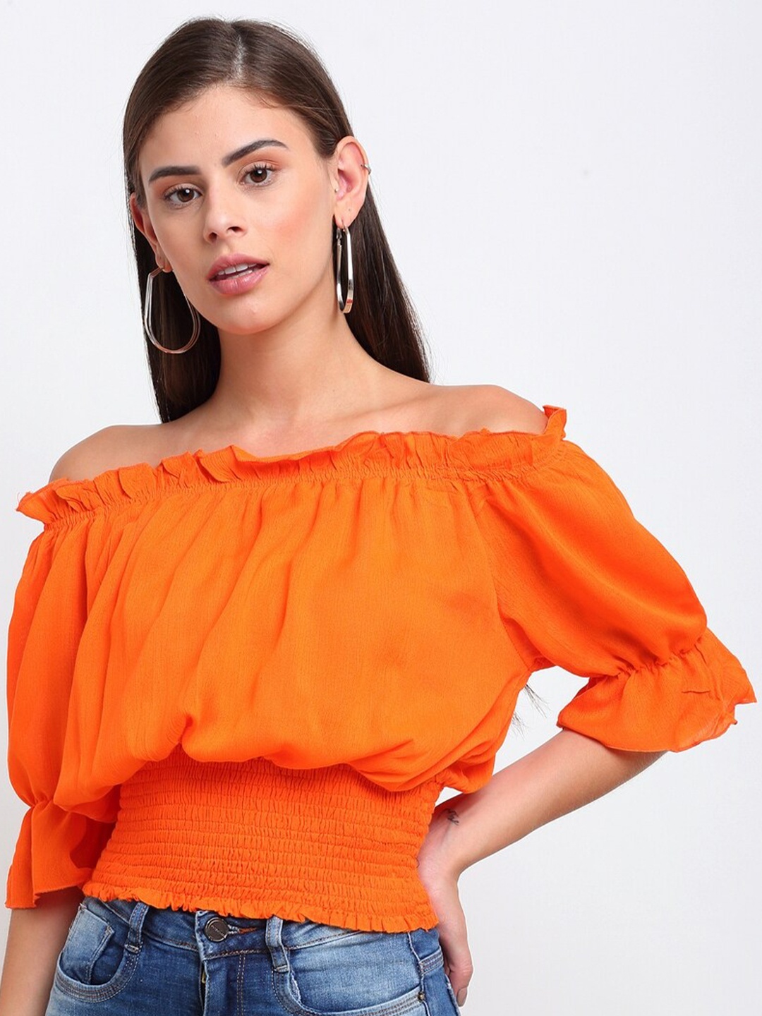 

emeros Women Orange Off-Shoulder Smocking-Detail Crepe Bardot Crop Top