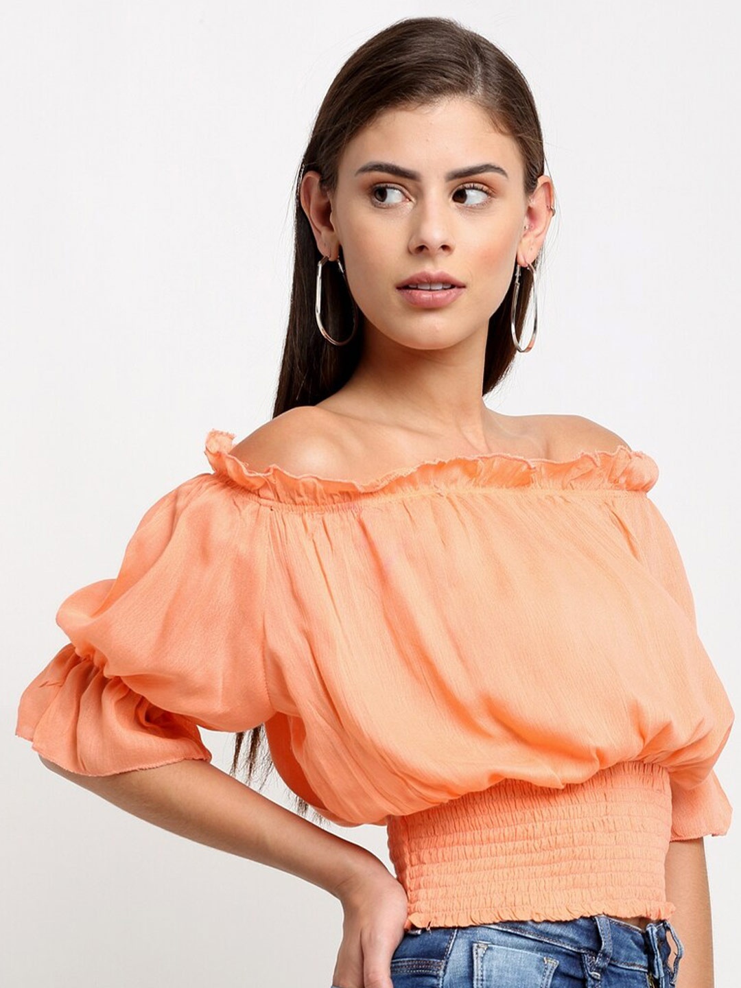 

emeros Peach-Coloured Off-Shoulder Crepe Blouson Crop Top