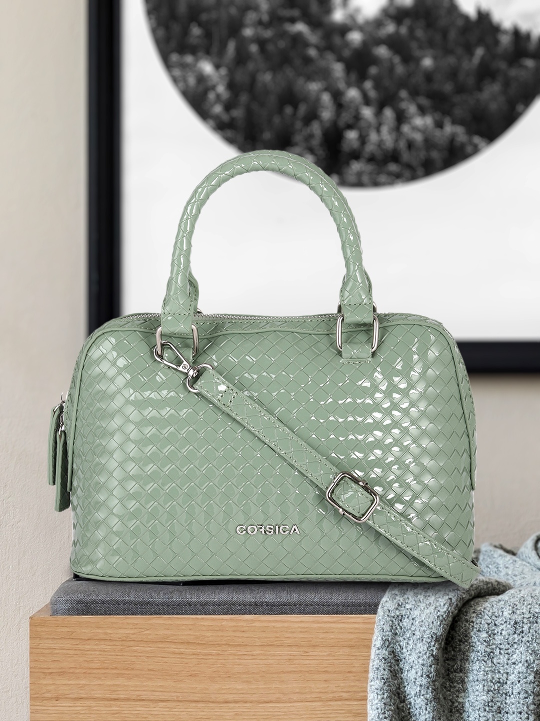 

CORSICA Green Textured PU Structured Handheld Bag