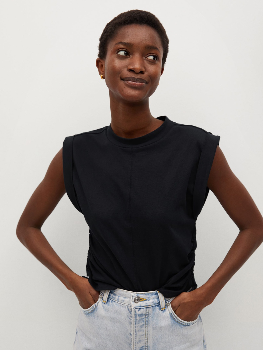 

MANGO Women Black Solid Ruched Extended Sleeves Organic Cotton Top
